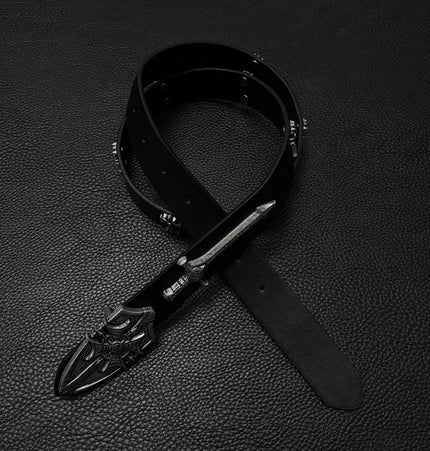 TALKLESSFASHION Black for waist circumference (75-95) cm Direction of Light Vintage Aged Sword Shield Belt Antique Silver Black Belt Vintage Crow Heart