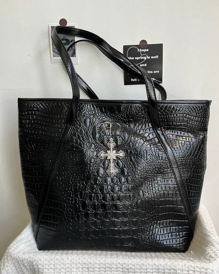 TALKLESSFASHION black MoonCat's original niche design cross crocodile tote bag large capacity premium shoulder tote bag