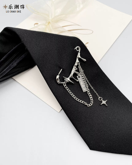 TALKLESSFASHION Black pin tie Le Chao decorated trendy black shirt pin-free tie