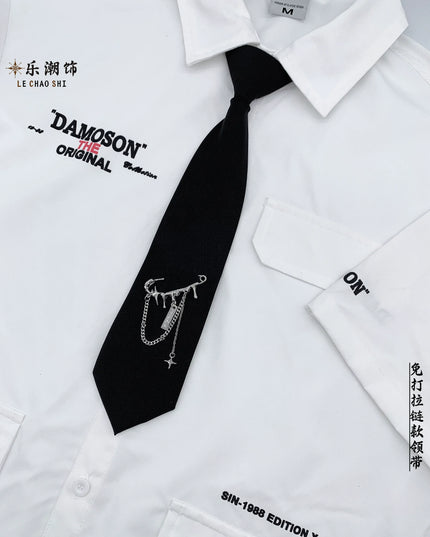 TALKLESSFASHION Black pin tie Le Chao decorated trendy black shirt pin-free tie
