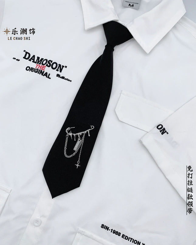 TALKLESSFASHION Black pin tie Le Chao decorated trendy black shirt pin-free tie