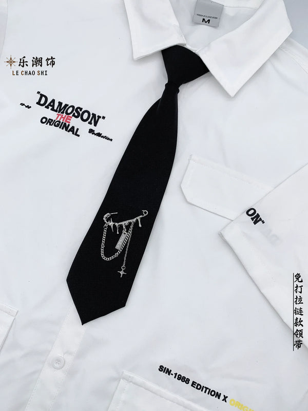 Le Chao decorated trendy black shirt pin-free tie