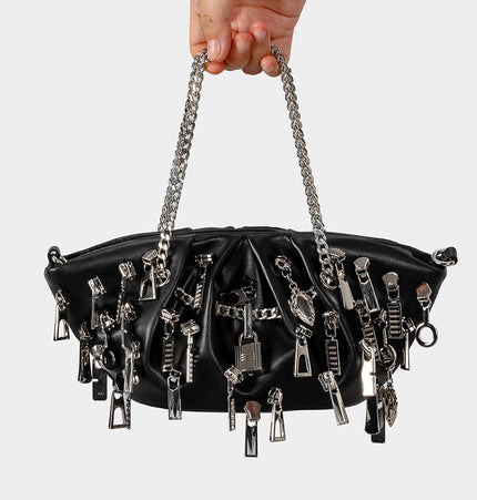 TALKLESSFASHION black Punk Style Pleated Dumplings Armpit Bag 2025 New Multi Zipper Pull Decoration Women's Shoulder Bag Hot Girl Tote Bag