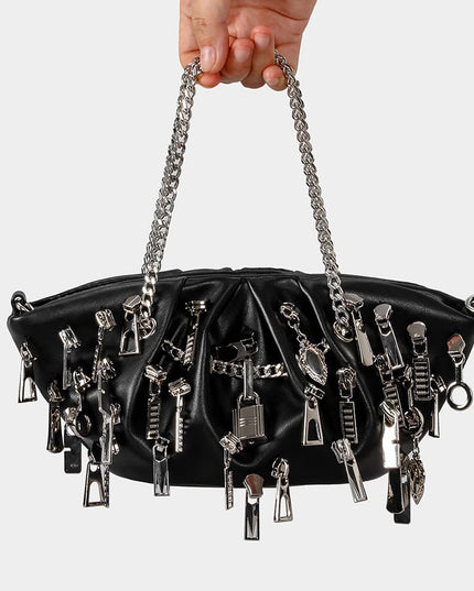 TALKLESSFASHION black Punk Style Pleated Dumplings Armpit Bag 2025 New Multi Zipper Pull Decoration Women's Shoulder Bag Hot Girl Tote Bag