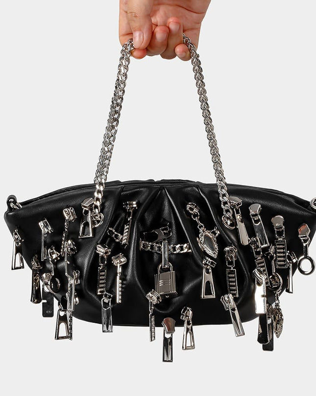 TALKLESSFASHION black Punk Style Pleated Dumplings Armpit Bag 2025 New Multi Zipper Pull Decoration Women's Shoulder Bag Hot Girl Tote Bag