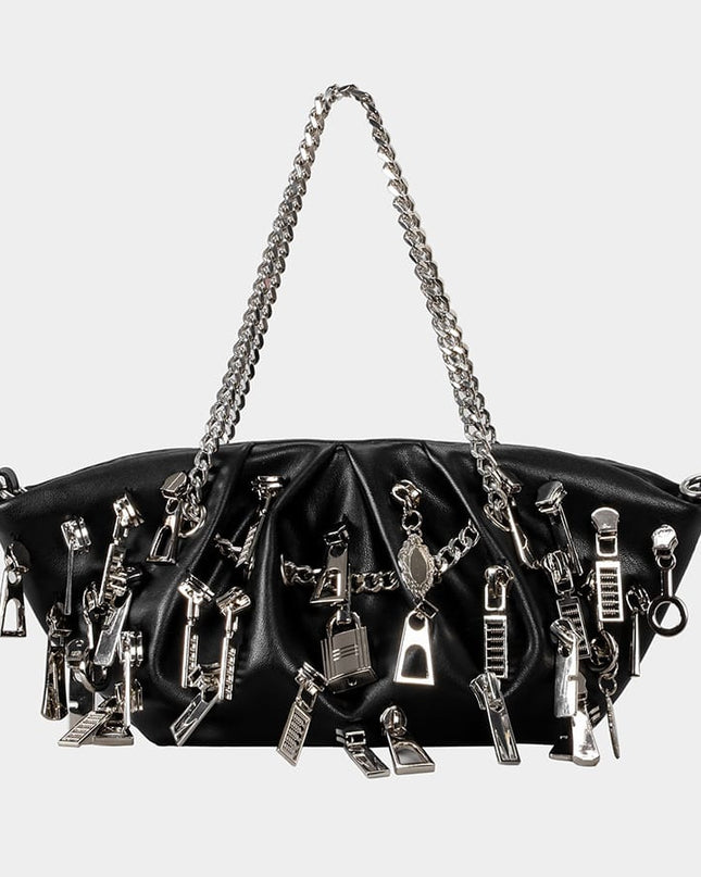 TALKLESSFASHION black Punk Style Pleated Dumplings Armpit Bag 2025 New Multi Zipper Pull Decoration Women's Shoulder Bag Hot Girl Tote Bag