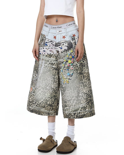 TALKLESSFASHION BLACKLISTS American 3D printed belt leopard print denim cropped pants for men and women with a sense of design feel distressed wide-leg shorts