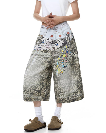 TALKLESSFASHION BLACKLISTS American 3D printed belt leopard print denim cropped pants for men and women with a sense of design feel distressed wide-leg shorts