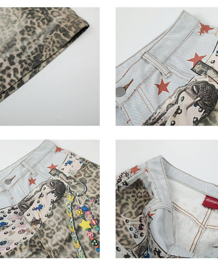 TALKLESSFASHION BLACKLISTS American 3D printed belt leopard print denim cropped pants for men and women with a sense of design feel distressed wide-leg shorts