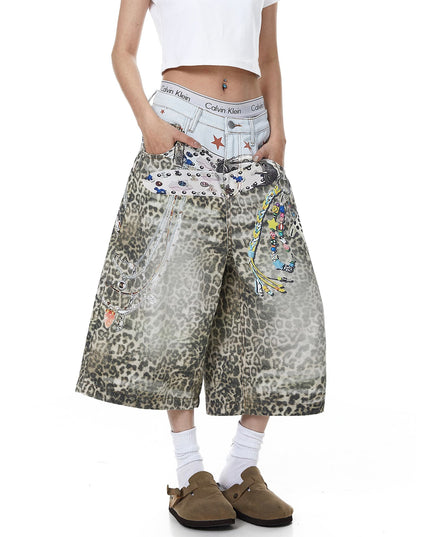TALKLESSFASHION BLACKLISTS American 3D printed belt leopard print denim cropped pants for men and women with a sense of design feel distressed wide-leg shorts