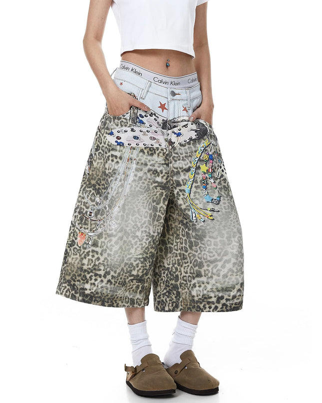TALKLESSFASHION BLACKLISTS American 3D printed belt leopard print denim cropped pants for men and women with a sense of design feel distressed wide-leg shorts
