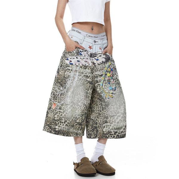 3D Belt Leopard Print Denim Shorts