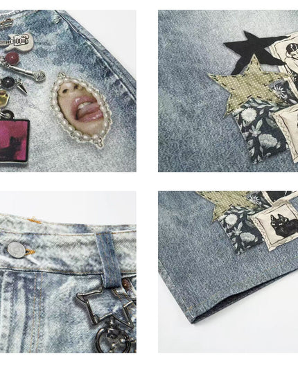 TALKLESSFASHION BLACKLISTS American 3D printing graffiti design denim cropped pants for men and women in summer distressed wide-leg shorts