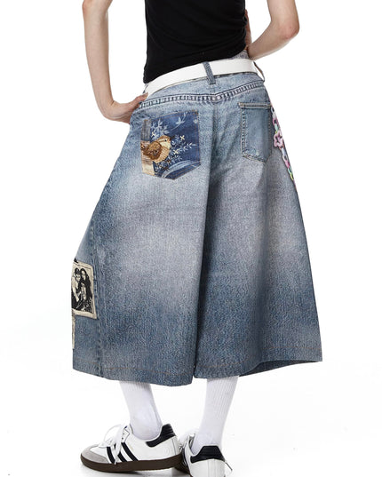 TALKLESSFASHION BLACKLISTS American 3D printing graffiti design denim cropped pants for men and women in summer distressed wide-leg shorts