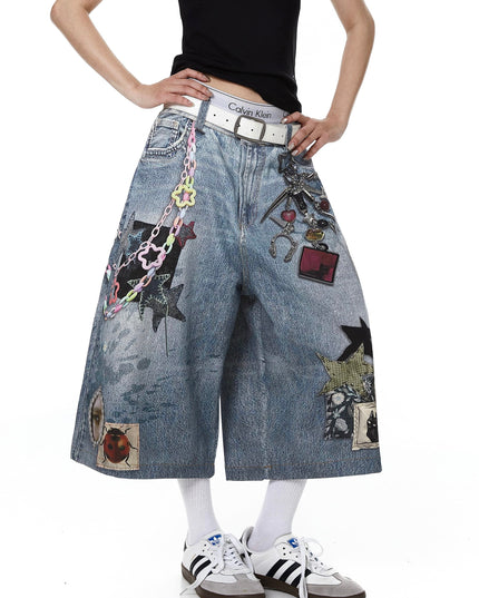TALKLESSFASHION BLACKLISTS American 3D printing graffiti design denim cropped pants for men and women in summer distressed wide-leg shorts