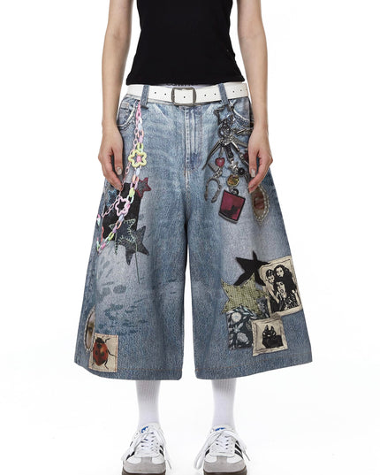 TALKLESSFASHION BLACKLISTS American 3D printing graffiti design denim cropped pants for men and women in summer distressed wide-leg shorts