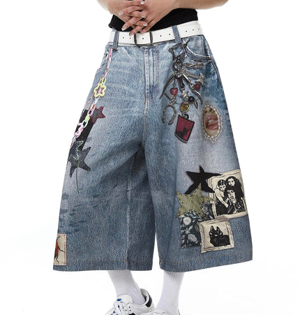 TALKLESSFASHION BLACKLISTS American 3D printing graffiti design denim cropped pants for men and women in summer distressed wide-leg shorts