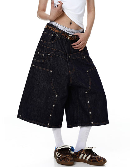 TALKLESSFASHION BLACKLISTS American deconstructed topline design sense riveted denim cropped pants men's and women's fake two-piece cargo shorts