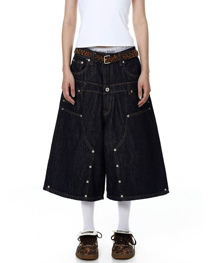 TALKLESSFASHION BLACKLISTS American deconstructed topline design sense riveted denim cropped pants men's and women's fake two-piece cargo shorts