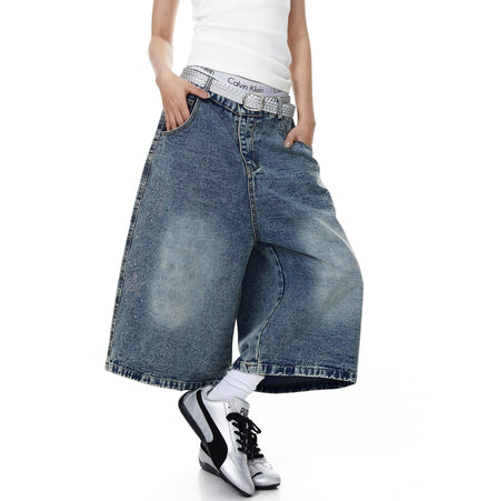 TALKLESSFASHION BLACKLISTS American heavy industry star hot diamond primary color denim cropped pants men's and women's design wide-leg shorts summer