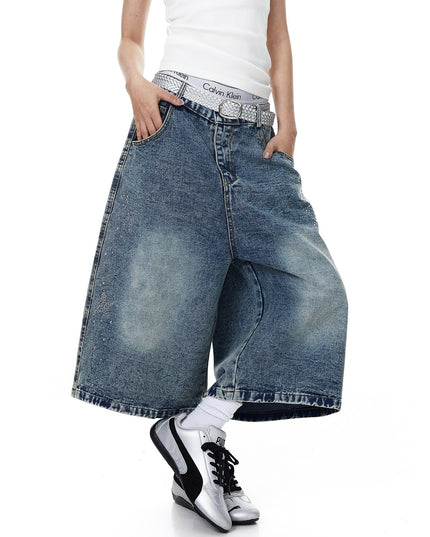 TALKLESSFASHION BLACKLISTS American heavy industry star hot diamond primary color denim cropped pants men's and women's design wide-leg shorts summer