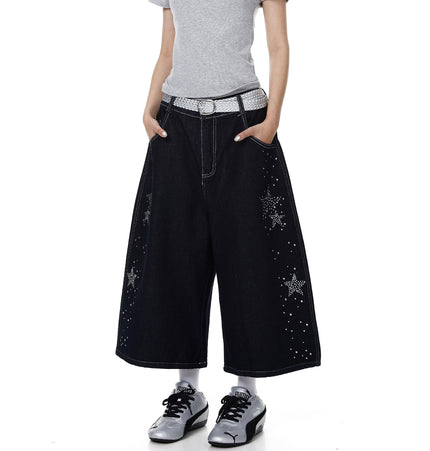 TALKLESSFASHION BLACKLISTS American heavy industry star hot diamond primary color denim cropped pants men's and women's design wide-leg shorts summer