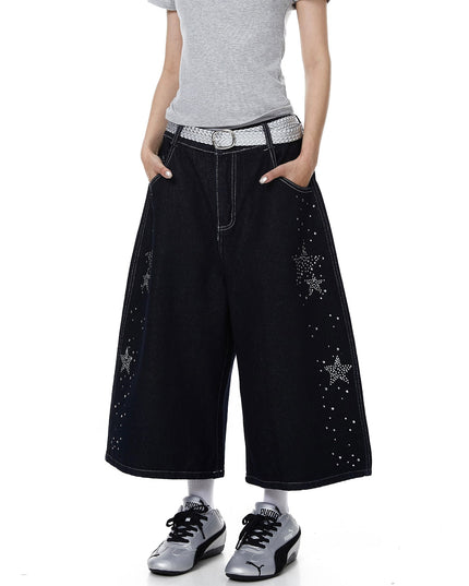 TALKLESSFASHION BLACKLISTS American heavy industry star hot diamond primary color denim cropped pants men's and women's design wide-leg shorts summer