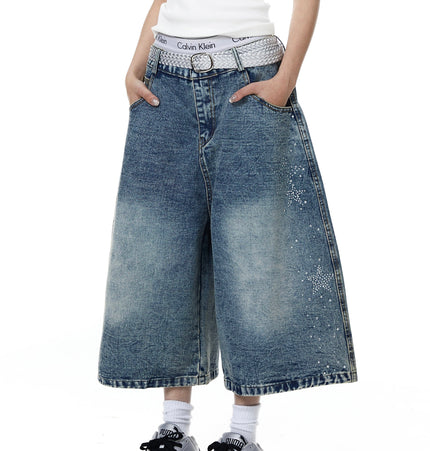 TALKLESSFASHION BLACKLISTS American heavy industry star hot diamond primary color denim cropped pants men's and women's design wide-leg shorts summer