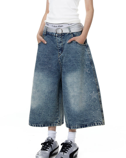 TALKLESSFASHION BLACKLISTS American heavy industry star hot diamond primary color denim cropped pants men's and women's design wide-leg shorts summer