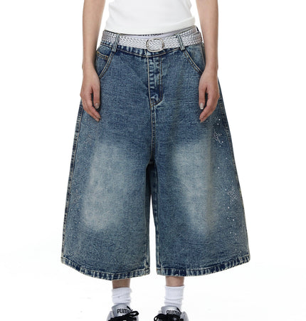 TALKLESSFASHION BLACKLISTS American heavy industry star hot diamond primary color denim cropped pants men's and women's design wide-leg shorts summer