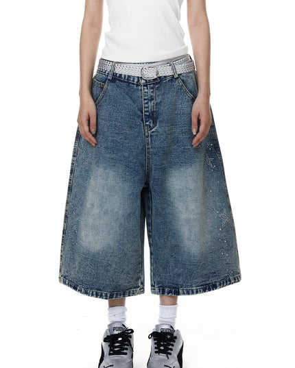 TALKLESSFASHION BLACKLISTS American heavy industry star hot diamond primary color denim cropped pants men's and women's design wide-leg shorts summer