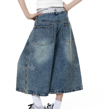 TALKLESSFASHION BLACKLISTS American heavy industry star hot diamond primary color denim cropped pants men's and women's design wide-leg shorts summer