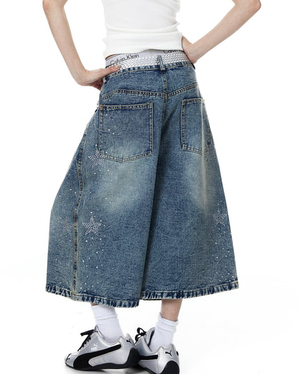 TALKLESSFASHION BLACKLISTS American heavy industry star hot diamond primary color denim cropped pants men's and women's design wide-leg shorts summer