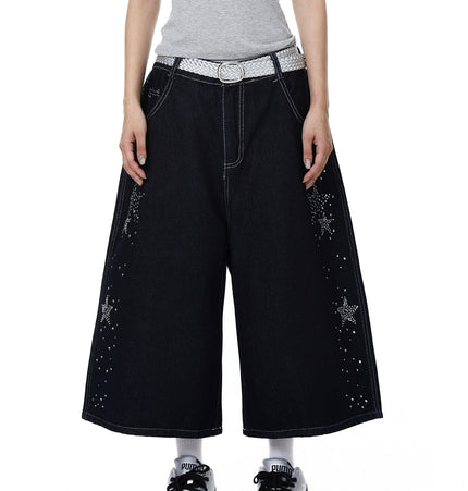TALKLESSFASHION BLACKLISTS American heavy industry star hot diamond primary color denim cropped pants men's and women's design wide-leg shorts summer