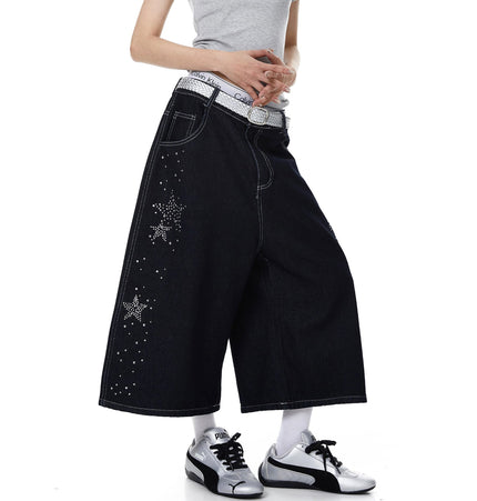 TALKLESSFASHION BLACKLISTS American heavy industry star hot diamond primary color denim cropped pants men's and women's design wide-leg shorts summer