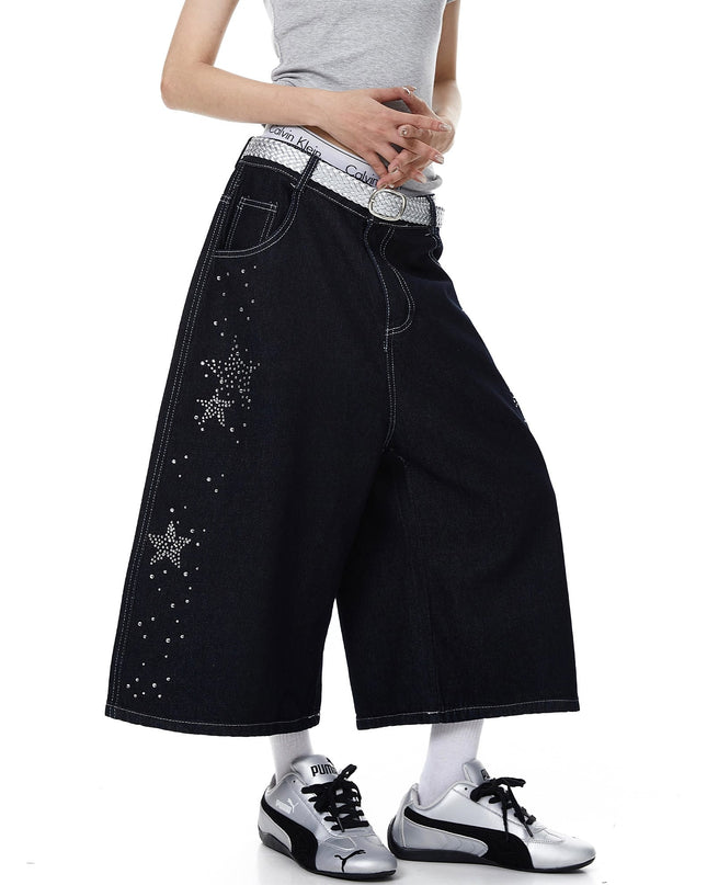 TALKLESSFASHION BLACKLISTS American heavy industry star hot diamond primary color denim cropped pants men's and women's design wide-leg shorts summer