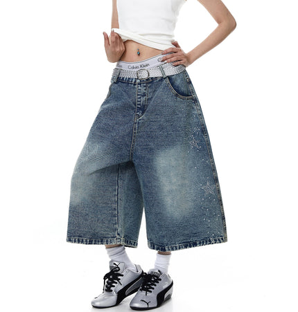 TALKLESSFASHION BLACKLISTS American heavy industry star hot diamond primary color denim cropped pants men's and women's design wide-leg shorts summer