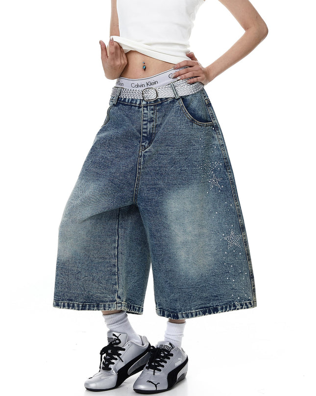 TALKLESSFASHION BLACKLISTS American heavy industry star hot diamond primary color denim cropped pants men's and women's design wide-leg shorts summer