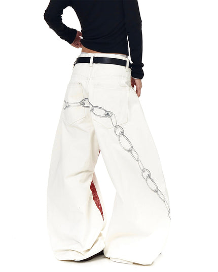 TALKLESSFASHION BLACKLISTS American High Street Distressed 3D Print Deconstructed Scimitar Jeans Men's and Women's Loose Wide-Leg Sickle Pants
