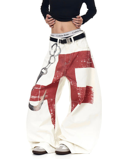 TALKLESSFASHION BLACKLISTS American High Street Distressed 3D Print Deconstructed Scimitar Jeans Men's and Women's Loose Wide-Leg Sickle Pants