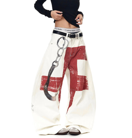 TALKLESSFASHION BLACKLISTS American High Street Distressed 3D Print Deconstructed Scimitar Jeans Men's and Women's Loose Wide-Leg Sickle Pants
