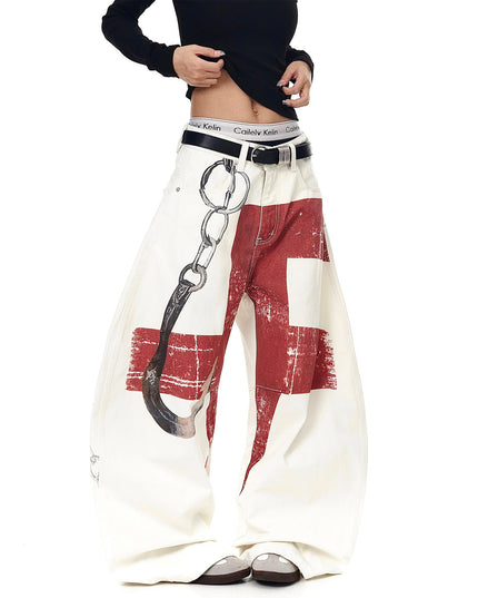 TALKLESSFASHION BLACKLISTS American High Street Distressed 3D Print Deconstructed Scimitar Jeans Men's and Women's Loose Wide-Leg Sickle Pants