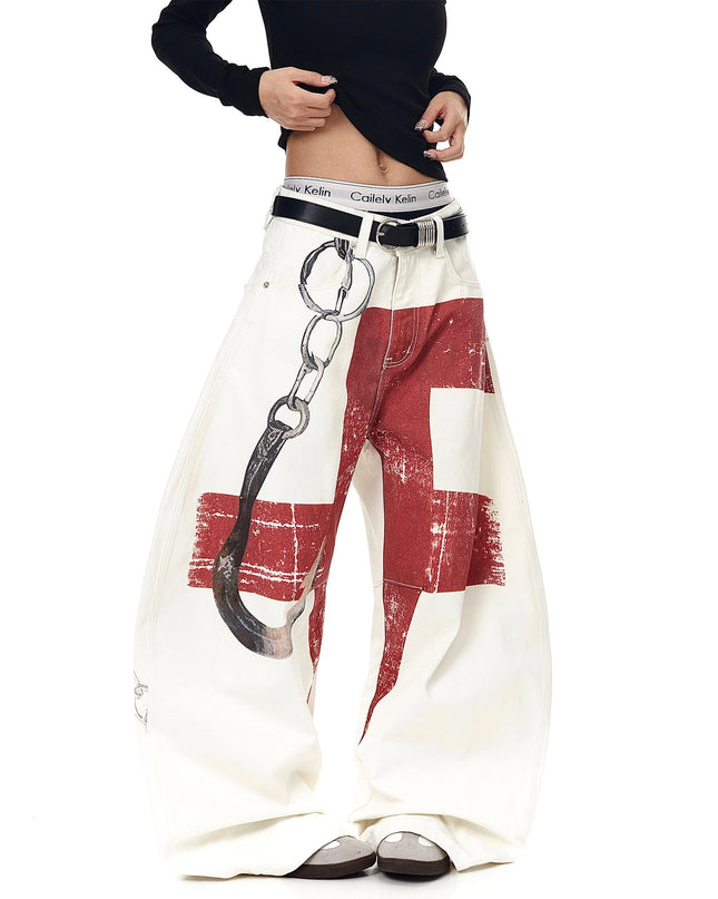 TALKLESSFASHION BLACKLISTS American High Street Distressed 3D Print Deconstructed Scimitar Jeans Men's and Women's Loose Wide-Leg Sickle Pants