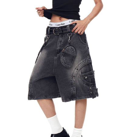 TALKLESSFASHION BLACKLISTS American high street heavy industry patchwork denim shorts men's and women's Abi punk cargo cropped pants
