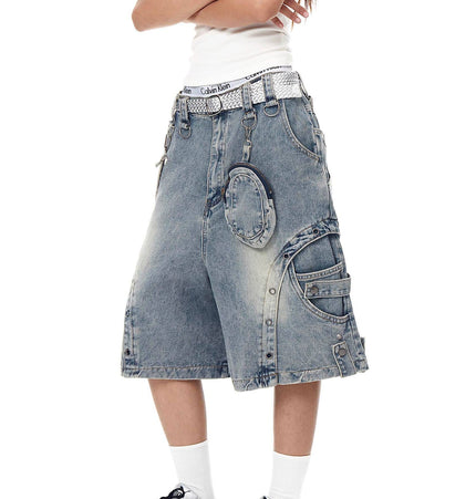 TALKLESSFASHION BLACKLISTS American high street heavy industry patchwork denim shorts men's and women's Abi punk cargo cropped pants