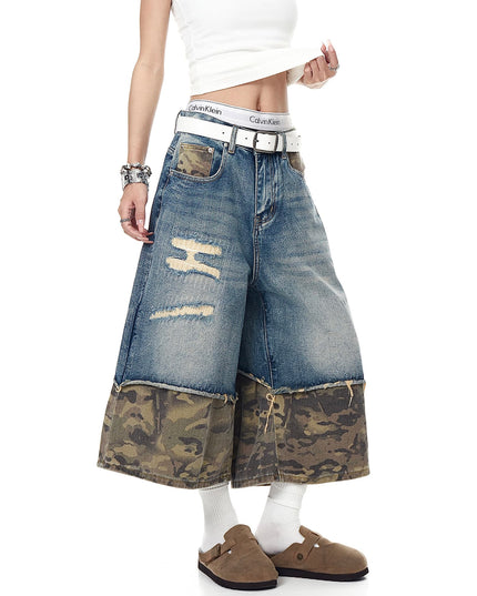 TALKLESSFASHION BLACKLISTS American retro camouflage stitching destruction denim shorts cropped loose wide-leg cropped pants for men and women