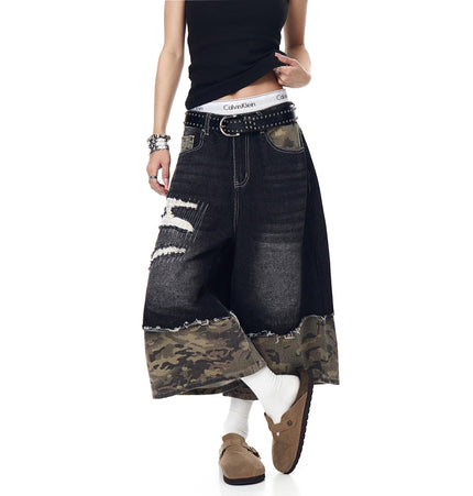 TALKLESSFASHION BLACKLISTS American retro camouflage stitching destruction denim shorts cropped loose wide-leg cropped pants for men and women