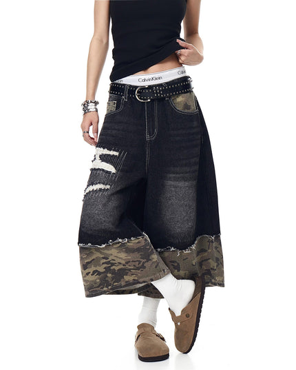 TALKLESSFASHION BLACKLISTS American retro camouflage stitching destruction denim shorts cropped loose wide-leg cropped pants for men and women