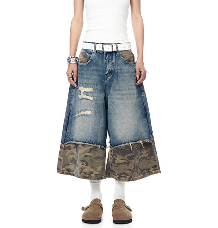 TALKLESSFASHION BLACKLISTS American retro camouflage stitching destruction denim shorts cropped loose wide-leg cropped pants for men and women