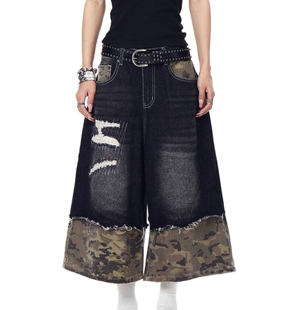TALKLESSFASHION BLACKLISTS American retro camouflage stitching destruction denim shorts cropped loose wide-leg cropped pants for men and women